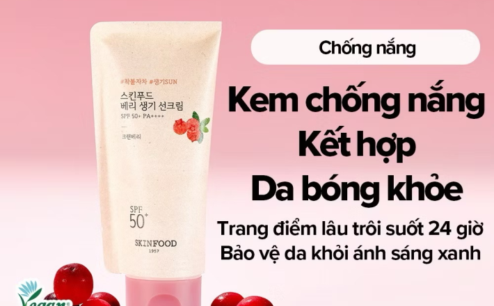 ￼[SKINFOOD Official] Kem chống nắng quả berry, hỗn hợp, cấp ẩm nâng tông Berry Glowing Hybrid Sunscreen SPF 50+ PA++++ 50ml 