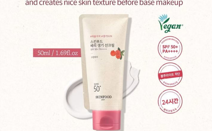￼[SKINFOOD Official] Kem chống nắng quả berry, hỗn hợp, cấp ẩm nâng tông Berry Glowing Hybrid Sunscreen SPF 50+ PA++++ 50ml 