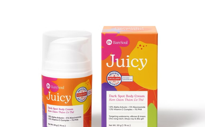 ￼Kem làm sáng, giảm thâm mông, nách, bikini, đầu gối, khuỷu tay với Alpha Aburtin, Niacinamide BareSoul Juicy 50g 