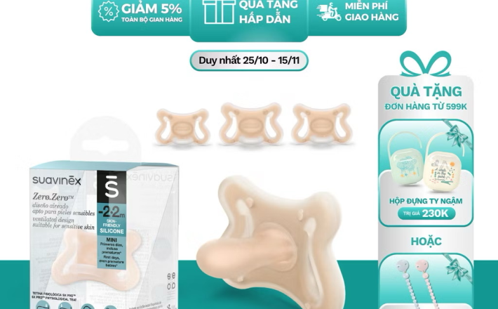 ￼Ty ngậm silicone nguyên khối với núm ty ZERO.ZERO SUAVINEX cho bé từ 0 tháng tuổi 