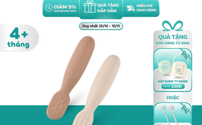 ￼Bộ 2 thìa ăn dặm Silicone PRE-SPOON BÉABA cho bé từ 4 tháng tuổi 