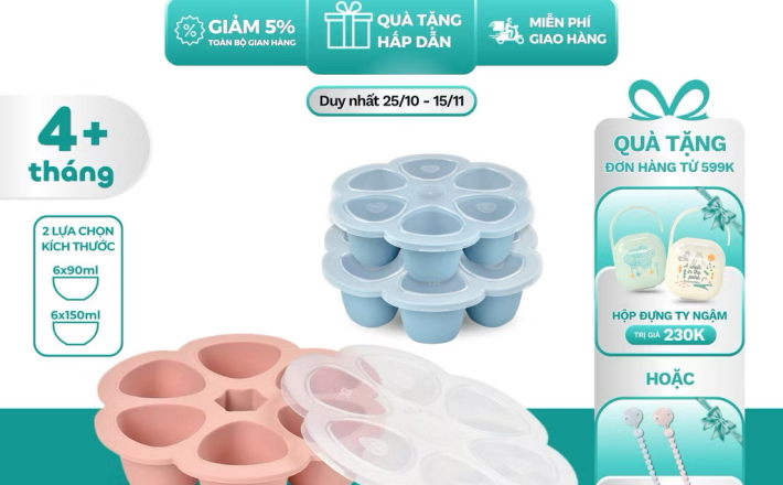￼Khay trữ đồ ăn dặm cho bé BÉABA - 6 ngăn silicone cao cấp, chịu nhiệt cao, có nắp đậy tiện dụng 