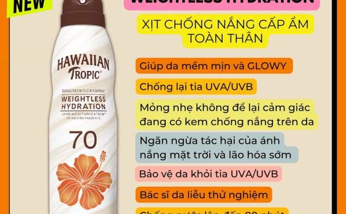 Xịt Chống Nắng Toàn Thân Hawaiian Tropic Clear Spray Sunscreen Silk Hydration SPF 70