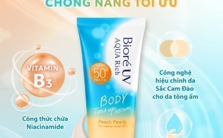 Biore UV Aqua Rich Serum Chống Nắng Dưỡng Thể Nâng Tông Peach Pearly 130ml