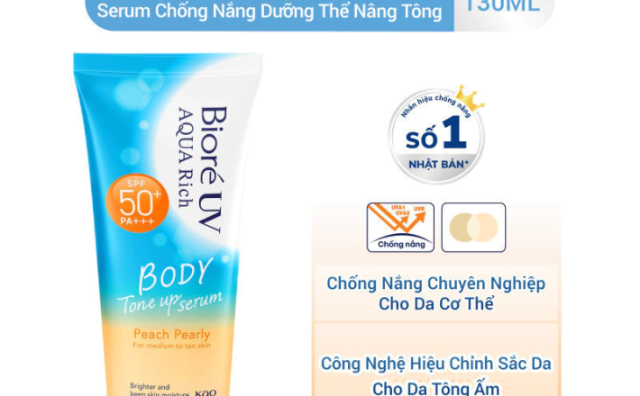 Biore UV Aqua Rich Serum Chống Nắng Dưỡng Thể Nâng Tông Peach Pearly 130ml
