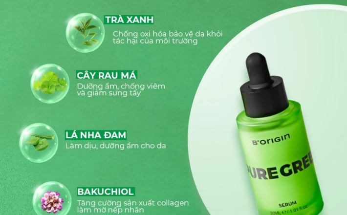 Serum Pure Green B'origin 30ml - Chứa Lô Hội & Bakuchiol, làm da căng mượt, tăng độ đàn hồi