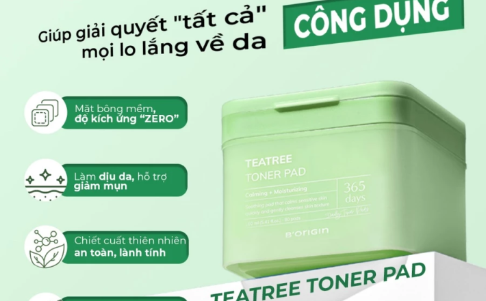 Toner Pads Teatree B'origin 160ml/80 miếng- Giảm kích ứng, sạch sâu cho da nhạy cảm