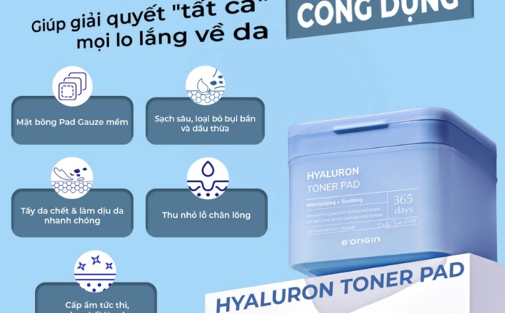 Toner Pad Hyaluron B'origin 160ml/80 miếng - Cấp ẩm sâu với 9 loại Hyaluronic & Panthenol.