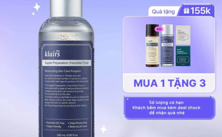 [Nhập COSDK4 giảm 20K đơn 199K] Nước hoa hồng Dear, Klairs Supple Preparation Unscented Toner 180ml