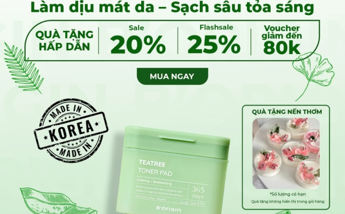 Toner Pads Teatree B'origin 160ml/80 miếng- Giảm kích ứng, sạch sâu cho da nhạy cảm
