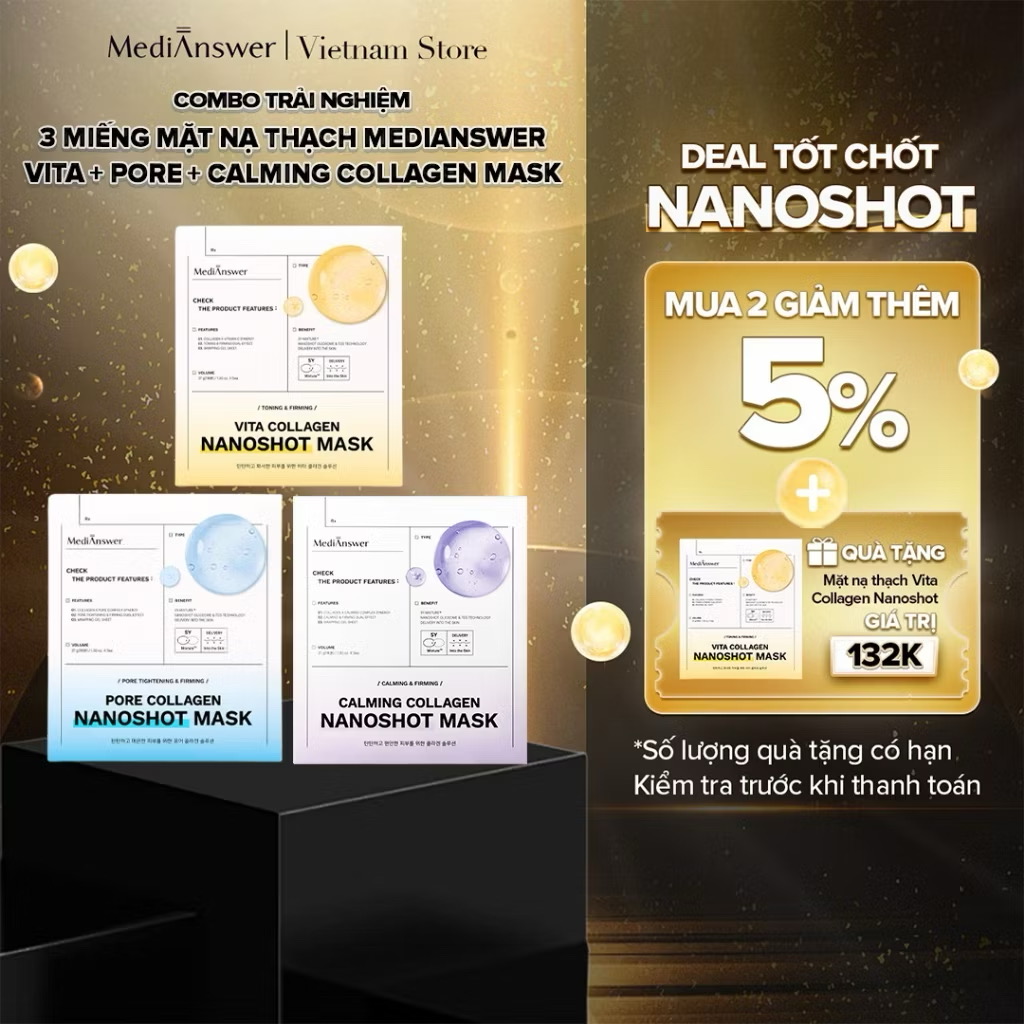 ￼[COMBO Trải nghiệm] 3 Miếng mặt nạ Collagen Nanoshot MediAnswer Calming+Pore+Vita Collagen Nanoshot Mask (37g x 3) 