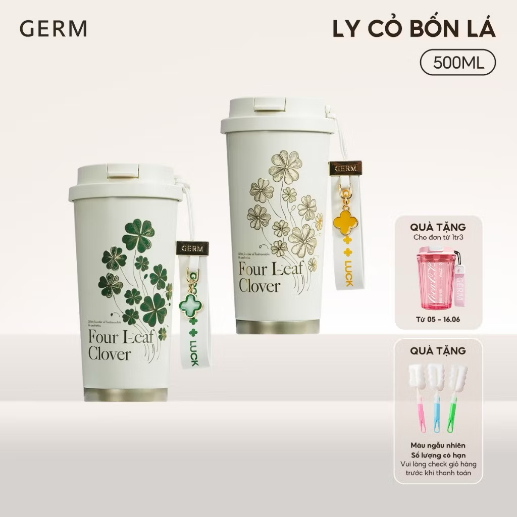 ￼Ly Giữ Nhiệt Cao Cấp GERM Họa Tiết Cỏ Bốn Lá In 3D 500ml Inox 316 - Quà Tặng Cao Cấp - GE-23AW-B76 