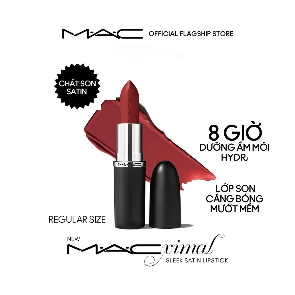 ￼Son MACximal Sleek Satin không chỉ mang đến chất son satin căng bóng, mềm mượt mà còn duy trì độ dưỡng ẩm môi trong 8h 