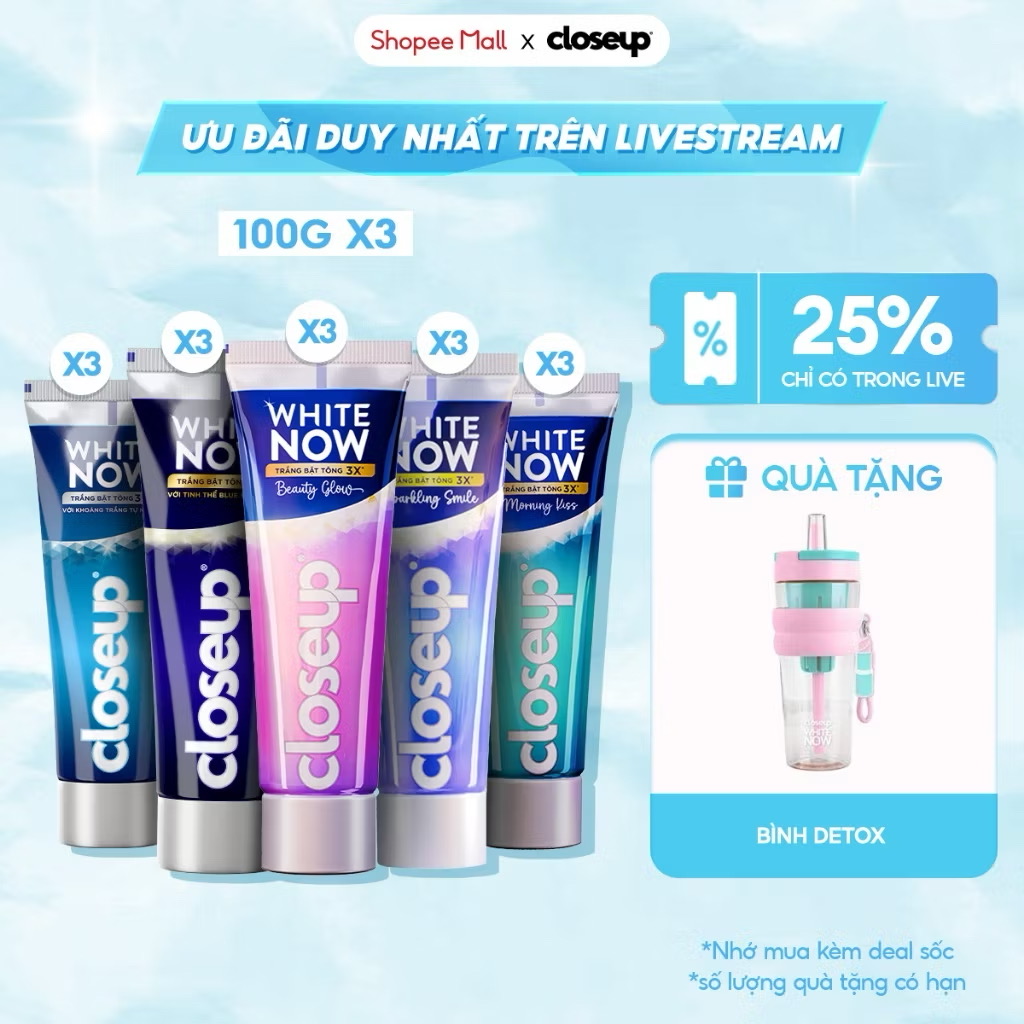 ￼[LIVE] Combo 3 kem đánh răng CLOSEUP White Now - Trắng Bật Tông 3X tức thì từ Công nghệ Ánh Sáng Xanh 100g 