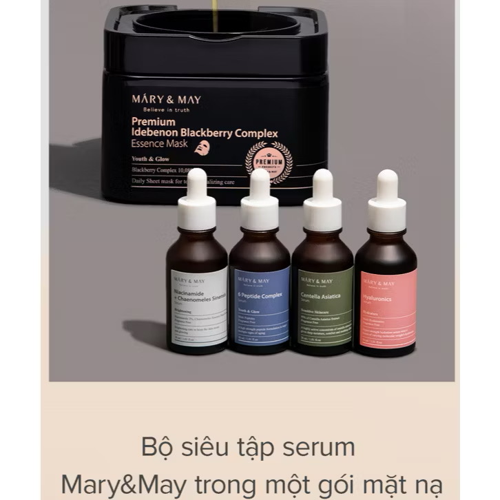 ￼Mặt nạ dưỡng chất cao cấp Mary&May Premium Idebenone Blackberry Complex Essence Mask 400g (20 miếng) 
