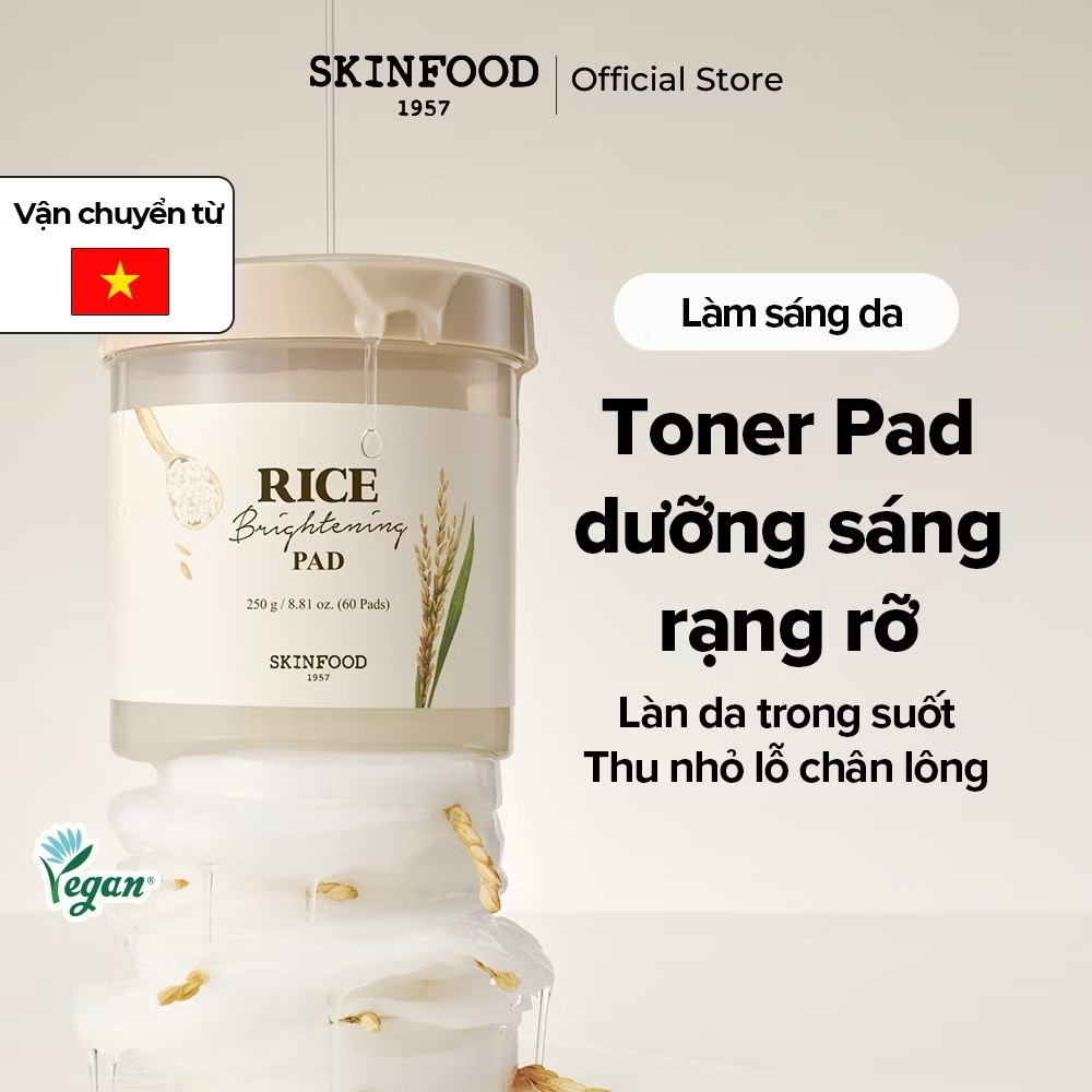 ￼[SKINFOOD Official] Hộp 60 miếng bông gạo dưỡng trắng / Nâng tông da / Giảm Kích Thước Lỗ Chân Lông / Rice Brightening Toner Pad 