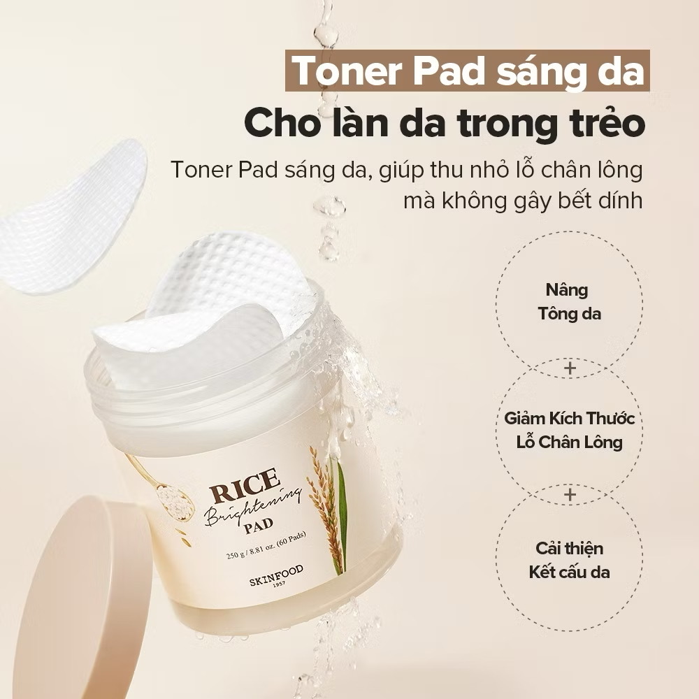 ￼[SKINFOOD Official] Hộp 60 miếng bông gạo dưỡng trắng / Nâng tông da / Giảm Kích Thước Lỗ Chân Lông / Rice Brightening Toner Pad 