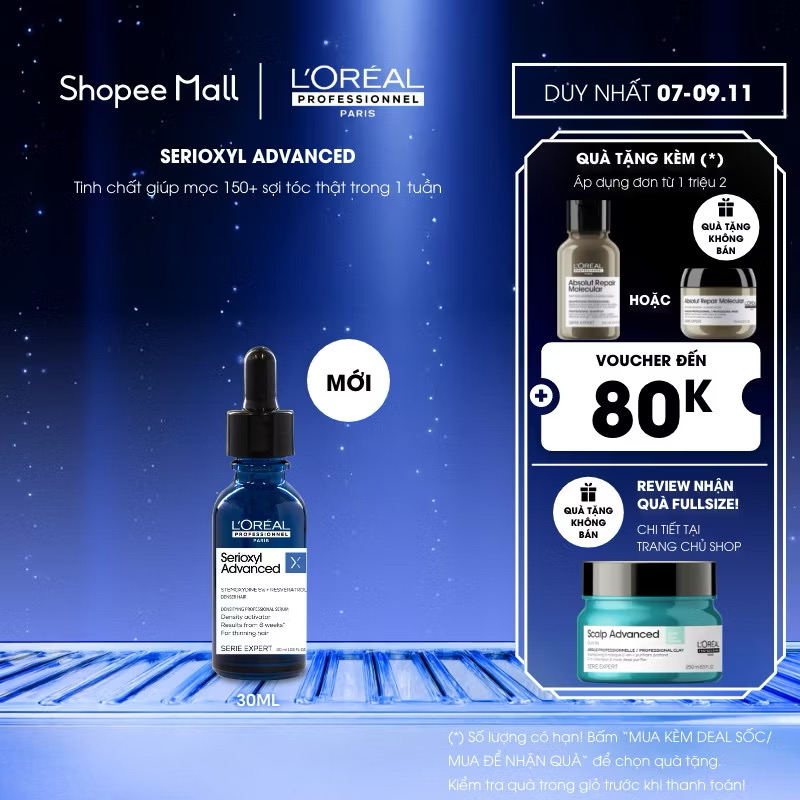￼Tinh chất mọc tóc - làm dày tóc chuyên nghiệp L'Oréal Professionnel Serioxyl Advanced 30ml - Dành cho tóc thưa, mảnh 