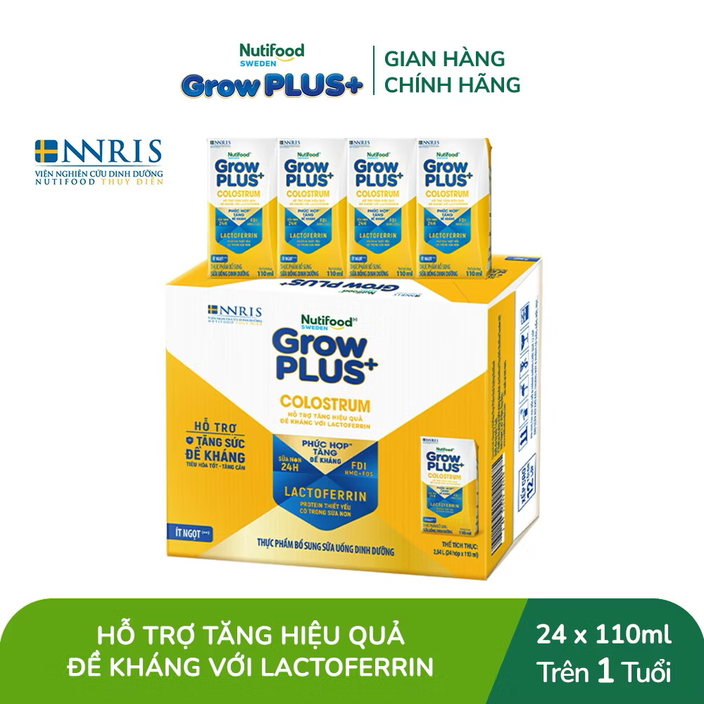 ￼Thùng 24 hộp Sữa bột pha sẵn Nutifood Sweden GrowPLUS+ Colostrum Lactoferrin 110ml 
