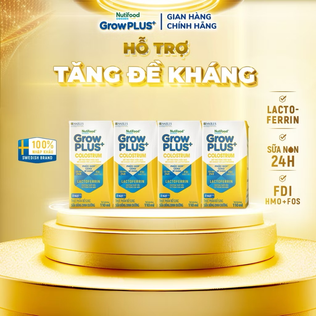 ￼Thùng 24 hộp Sữa bột pha sẵn Nutifood Sweden GrowPLUS+ Colostrum Lactoferrin 110ml 