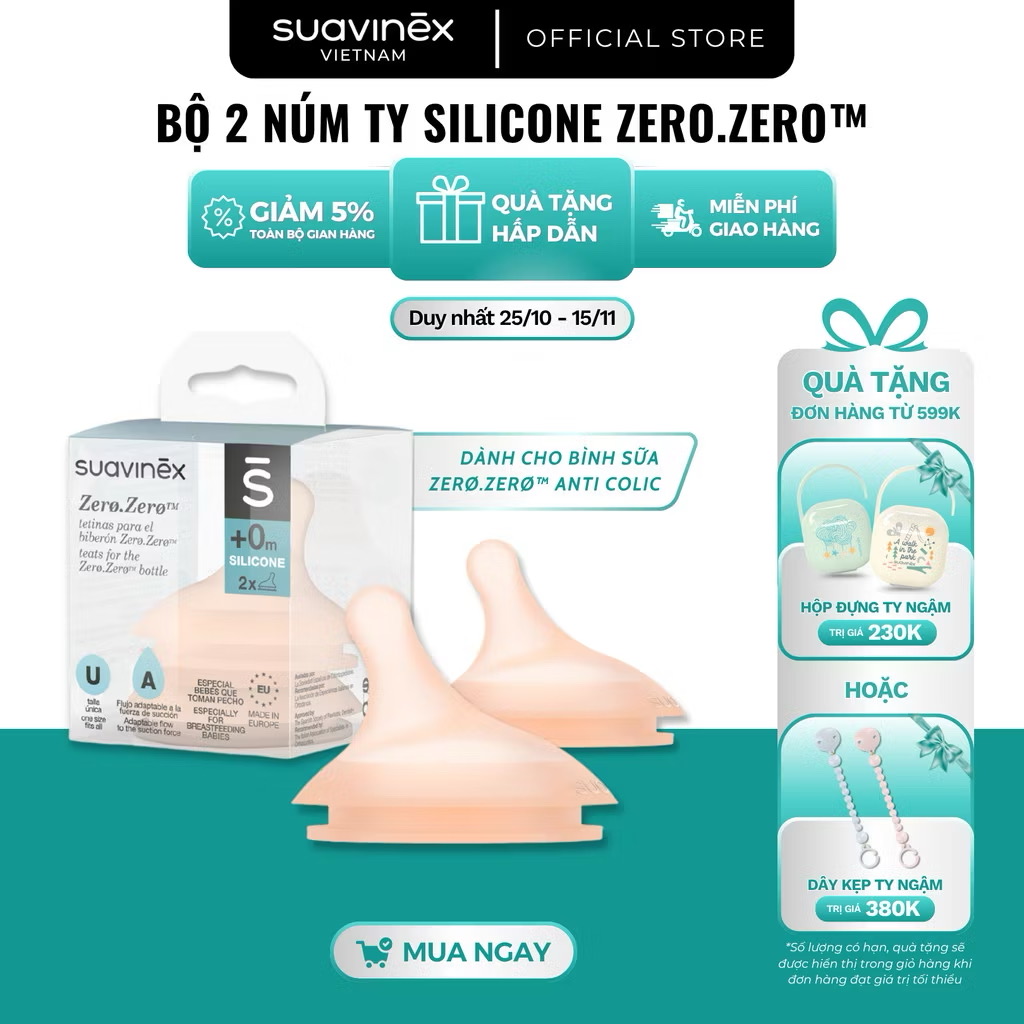 ￼Bộ 2 núm ty thay thế dành cho Bình sữa ZERO.ZERO SUAVINEX 