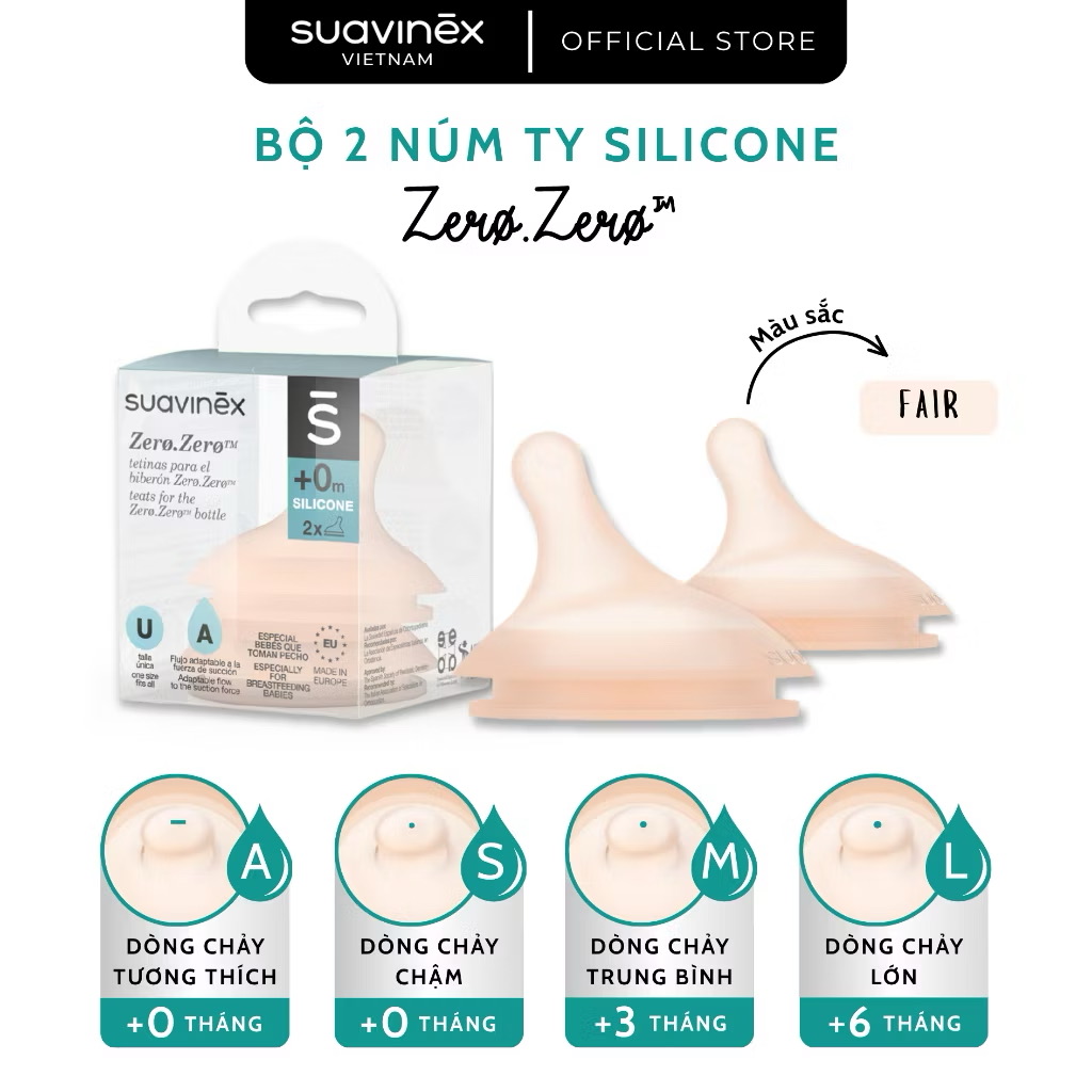 ￼Bộ 2 núm ty thay thế dành cho Bình sữa ZERO.ZERO SUAVINEX 