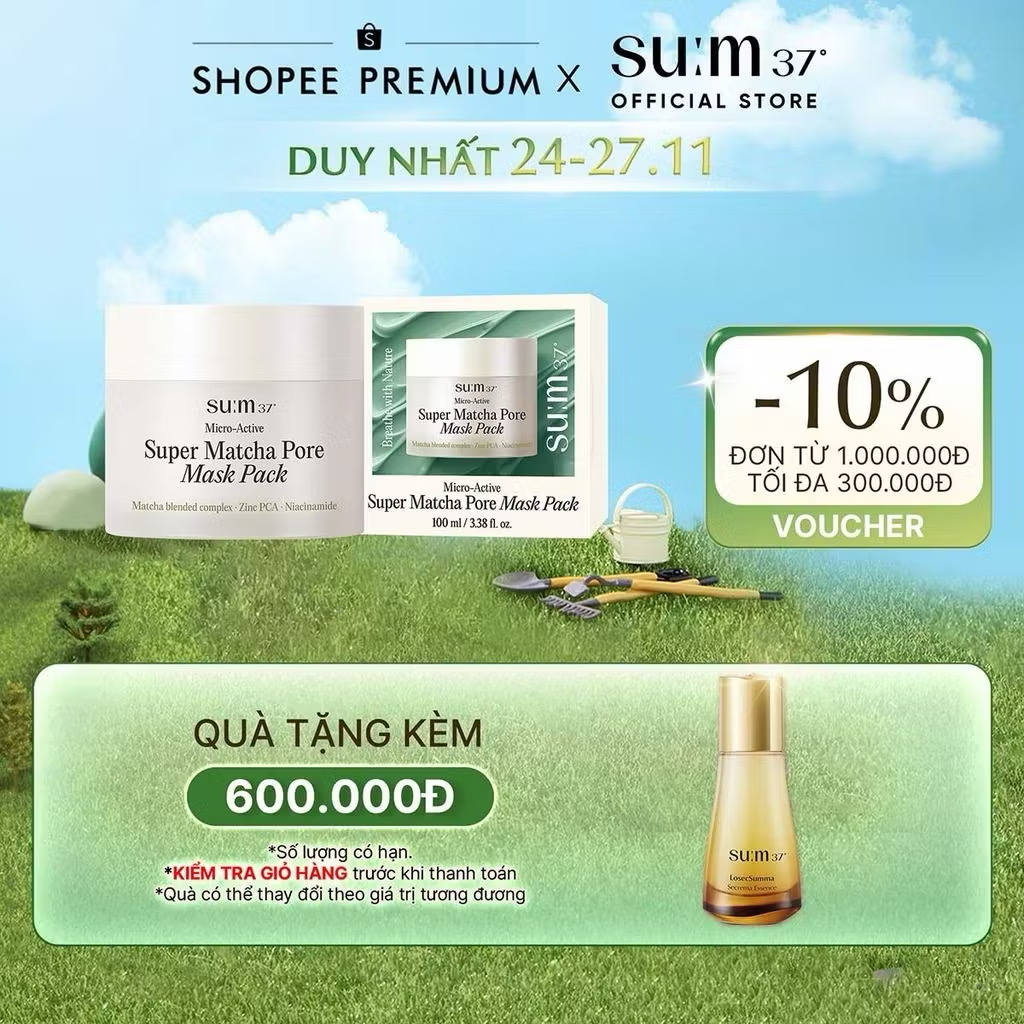 ￼[SU:M37 OFFICIAL] Mặt nạ matcha làm sạch sâu Su:m37 Micro-Active Super Matcha Pore Mask Pack 100ml 