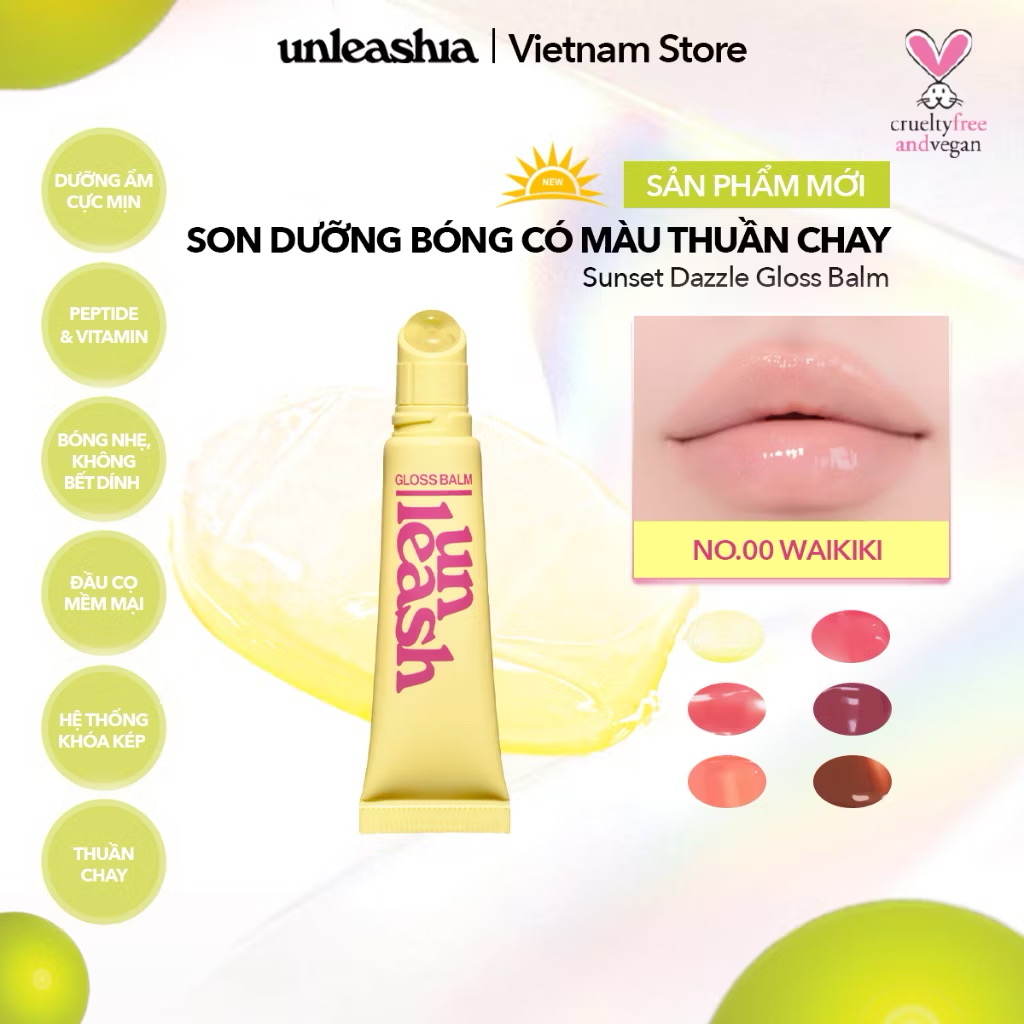 ￼SON BÓNG DƯỠNG CÓ MÀU THUẦN CHAY UNLEASHIA Sunset Dazzle Gloss Balm 10g 