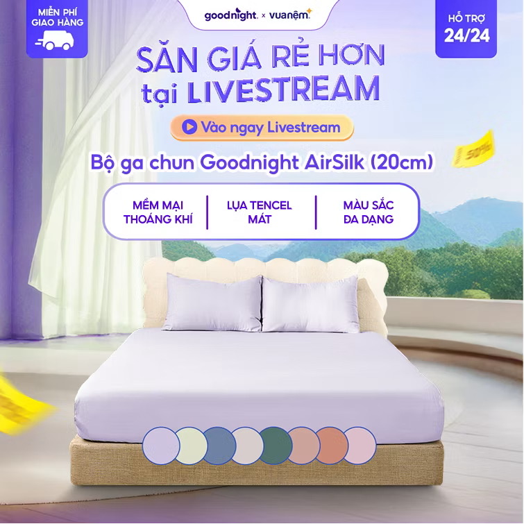￼Bộ Ga Gối 3 Món Goodnight Airsilk 20cm, Ga Giường Tencel Cao Cấp Mềm Mại, 9 Màu, Bộ ga gối nệm 