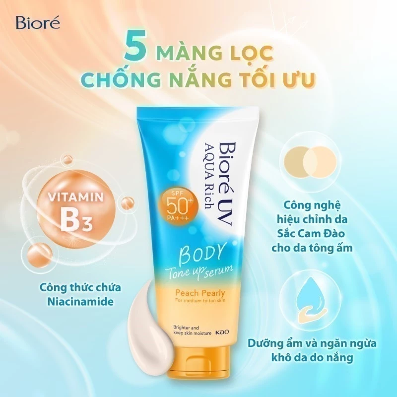 Biore UV Aqua Rich Serum Chống Nắng Dưỡng Thể Nâng Tông Peach Pearly 130ml