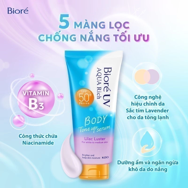 Biore UV Aqua Rich Serum Chống Nắng Dưỡng Thể Nâng Tông Lilac Luster 130ml