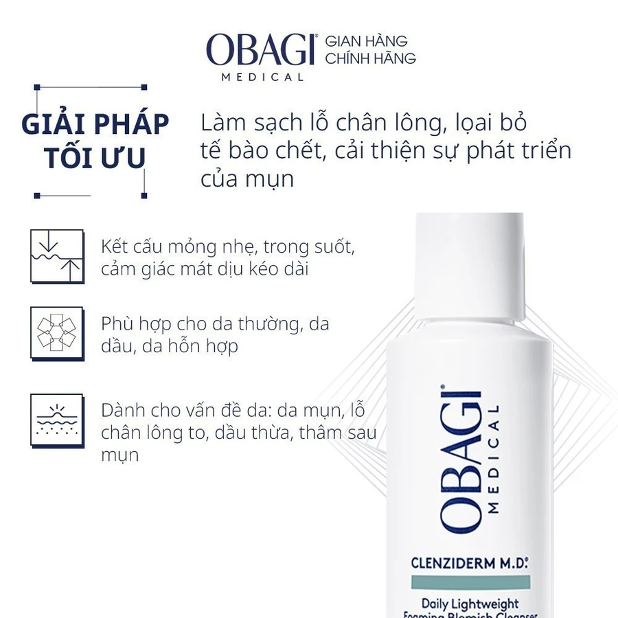 Sữa rửa mặt Obagi Medical Clenziderm M.D. Daily lightweight Foaming Blemish Cleanser 118ml