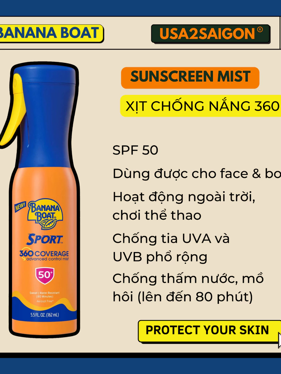 Xịt chống nắng SPF 50 Banana Boat Sport 360 Coverage Mist Sunscreen USA2SAIGON