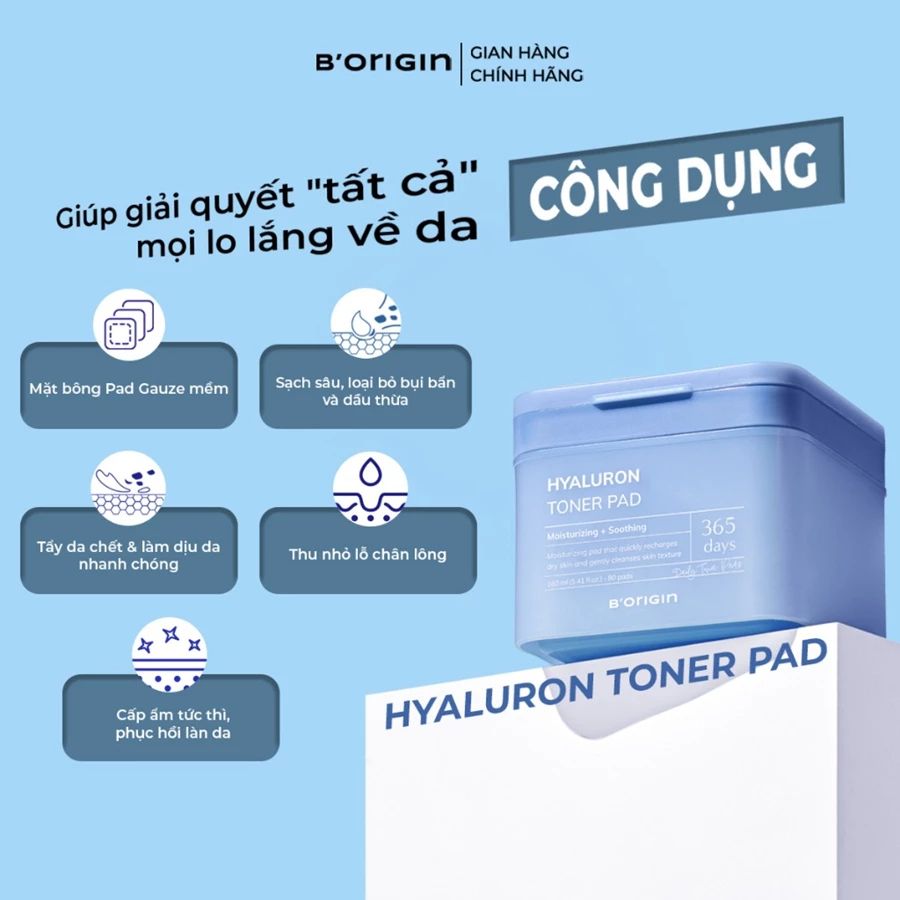Toner Pad Hyaluron B'origin 160ml/80 miếng - Cấp ẩm sâu với 9 loại Hyaluronic & Panthenol.
